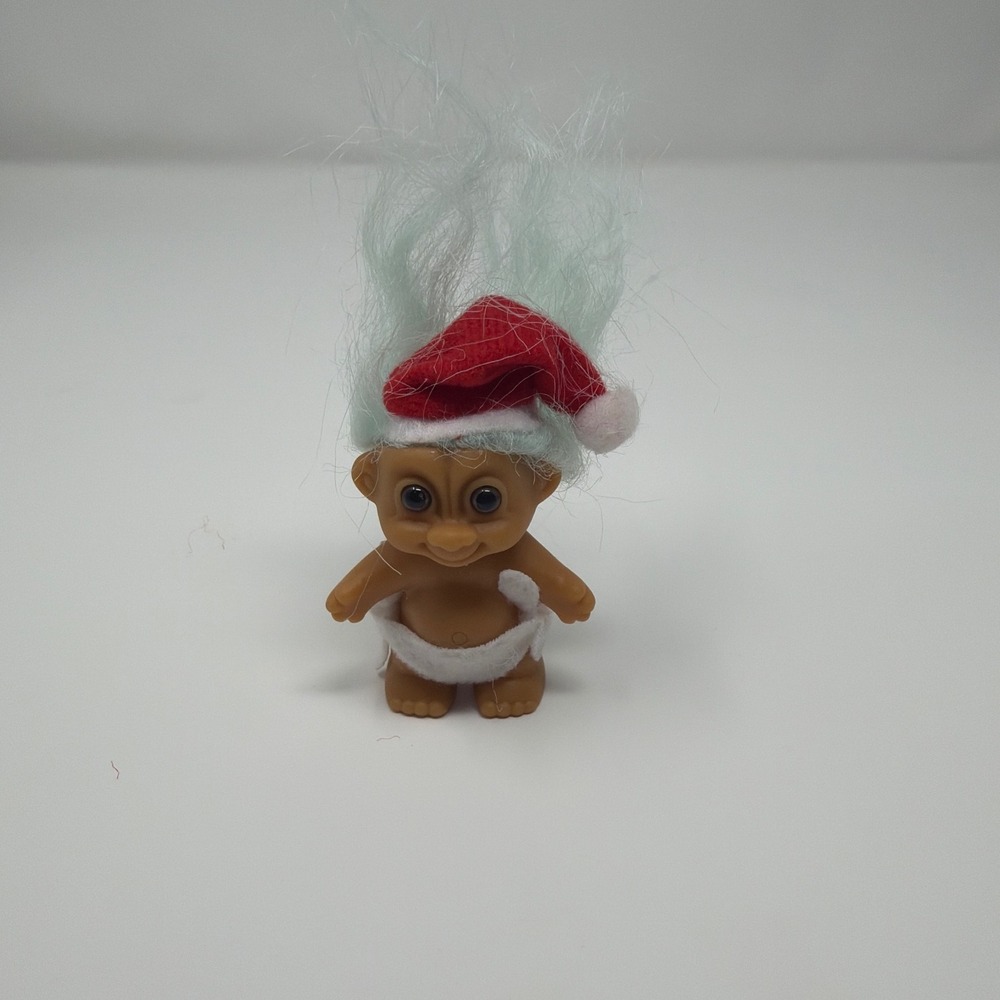 Russ Trolls Vintage Christmas Standing Baby Santa Hat Blue Hair Doll Holiday